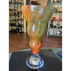 Vintage Sasaki Crystal 10.25" Art Glass Mottled Lava Cone Vase Green Orange